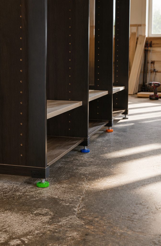 Close-up of leg levelers on a vertical sliding shelf unit.