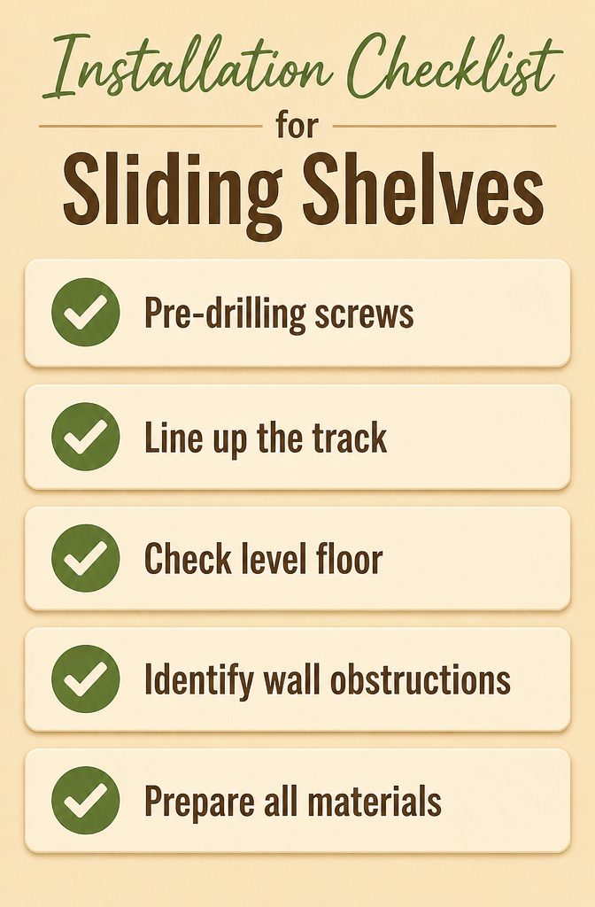 Installation checklist for vertical sliding shelves displayed in a workshop.