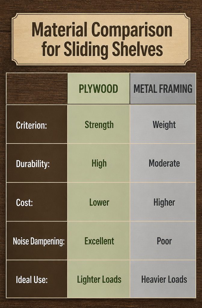 Comparison image showing plywood and metal framing for sliding shelves.