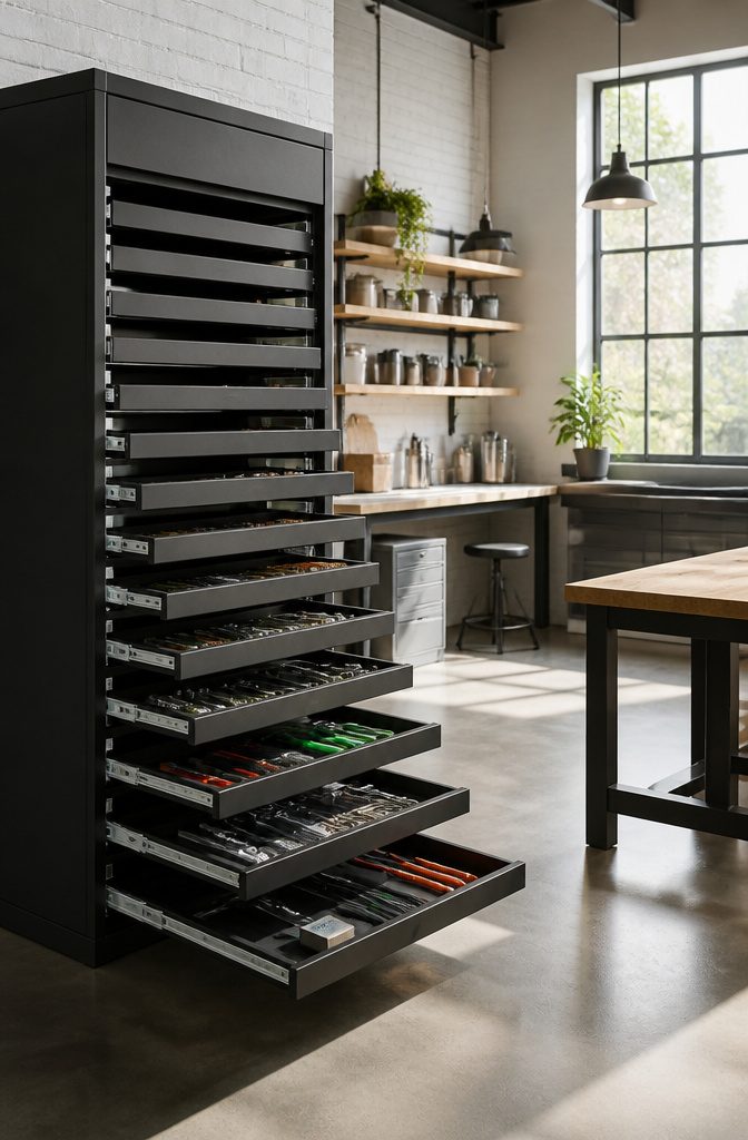Rousseau vertical drawer system displayed in a bright workshop.