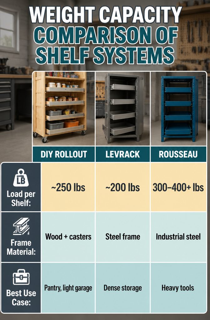Chart comparing weight capacity of different shelf systems.